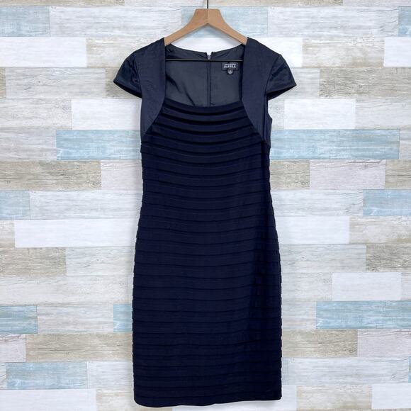 Adrianna Papell Shutter Pleat Sheath Dress Black Short Sleeve Evening Womens 8 - Picture 1 of 7